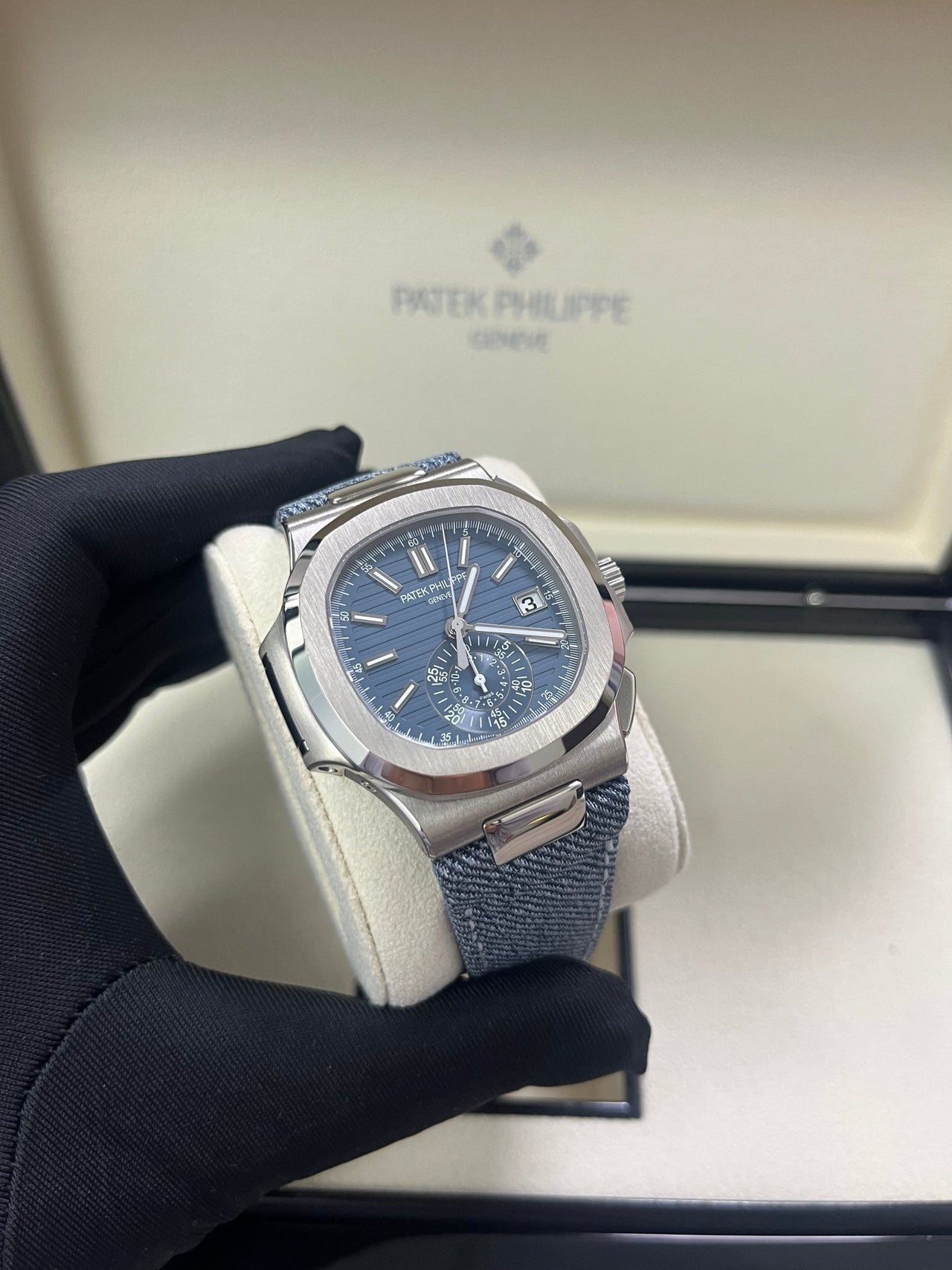 Patek Philippe Nautilus Flyback Chronograph White Gold Blue - Gray Dial 5980/60G - WatchesOff5th