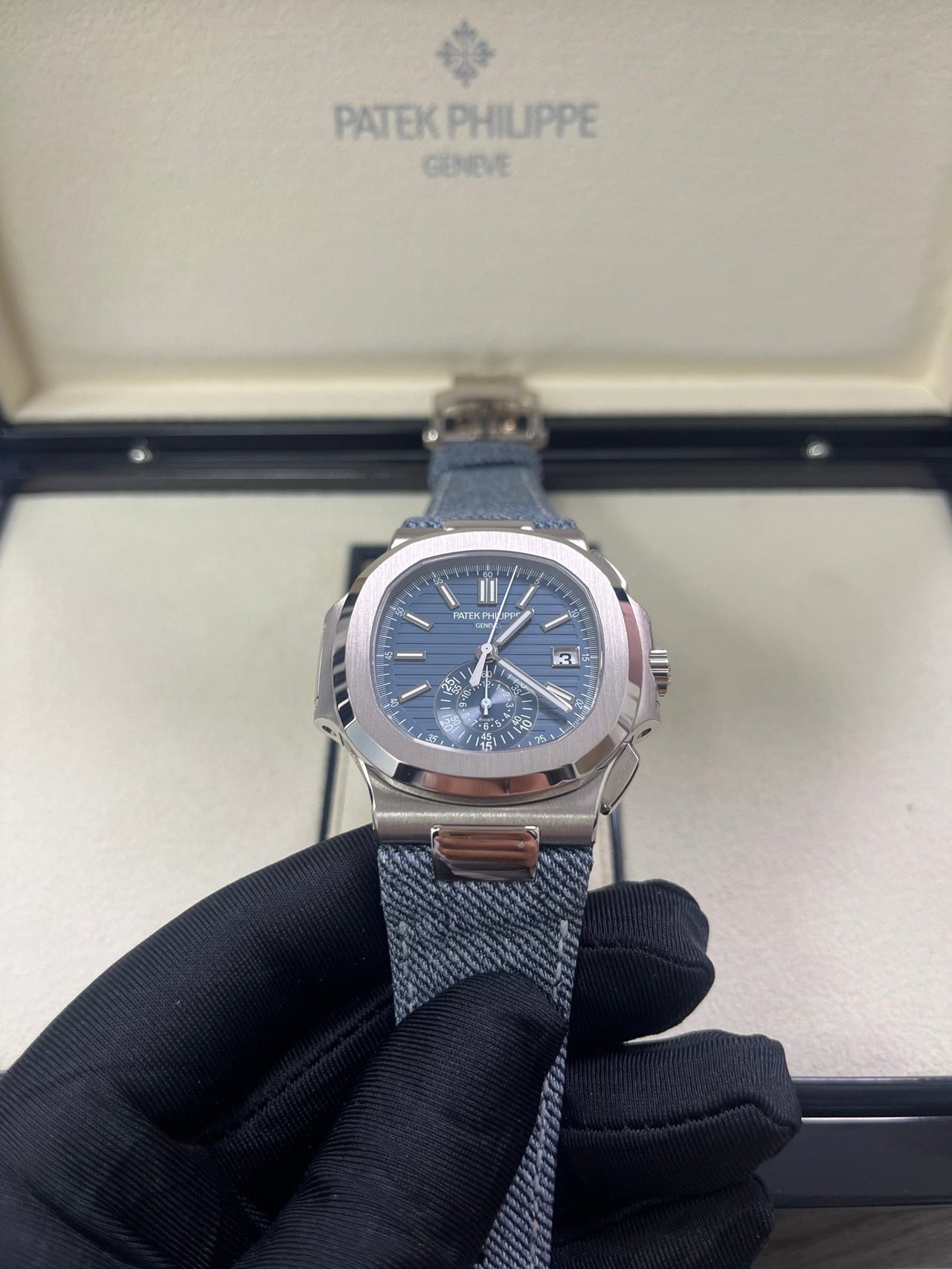 Patek Philippe Nautilus Flyback Chronograph White Gold Blue - Gray Dial 5980/60G - WatchesOff5th