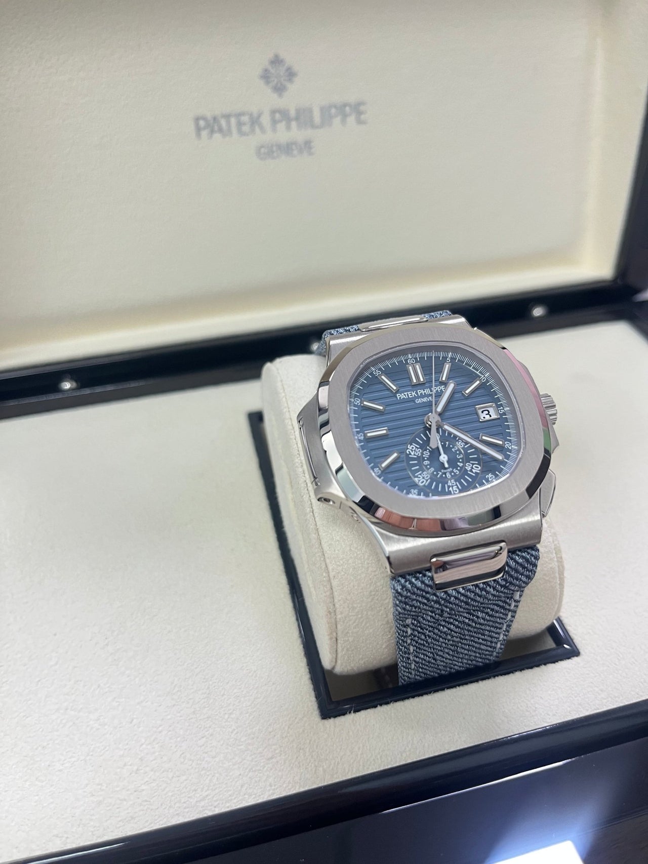 Patek Philippe Nautilus Flyback Chronograph White Gold Blue - Gray Dial 5980/60G - WatchesOff5th