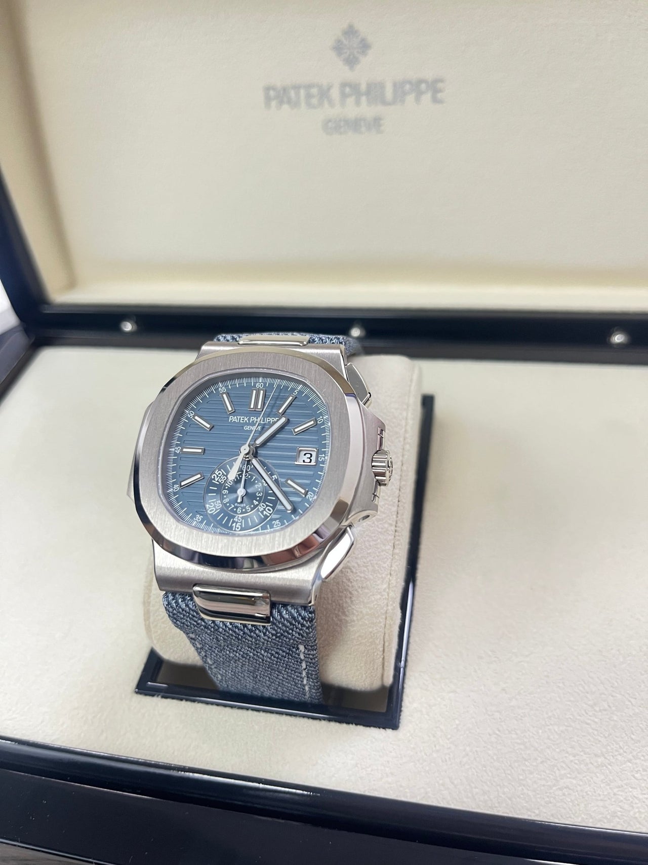 Patek Philippe Nautilus Flyback Chronograph White Gold Blue - Gray Dial 5980/60G - WatchesOff5th