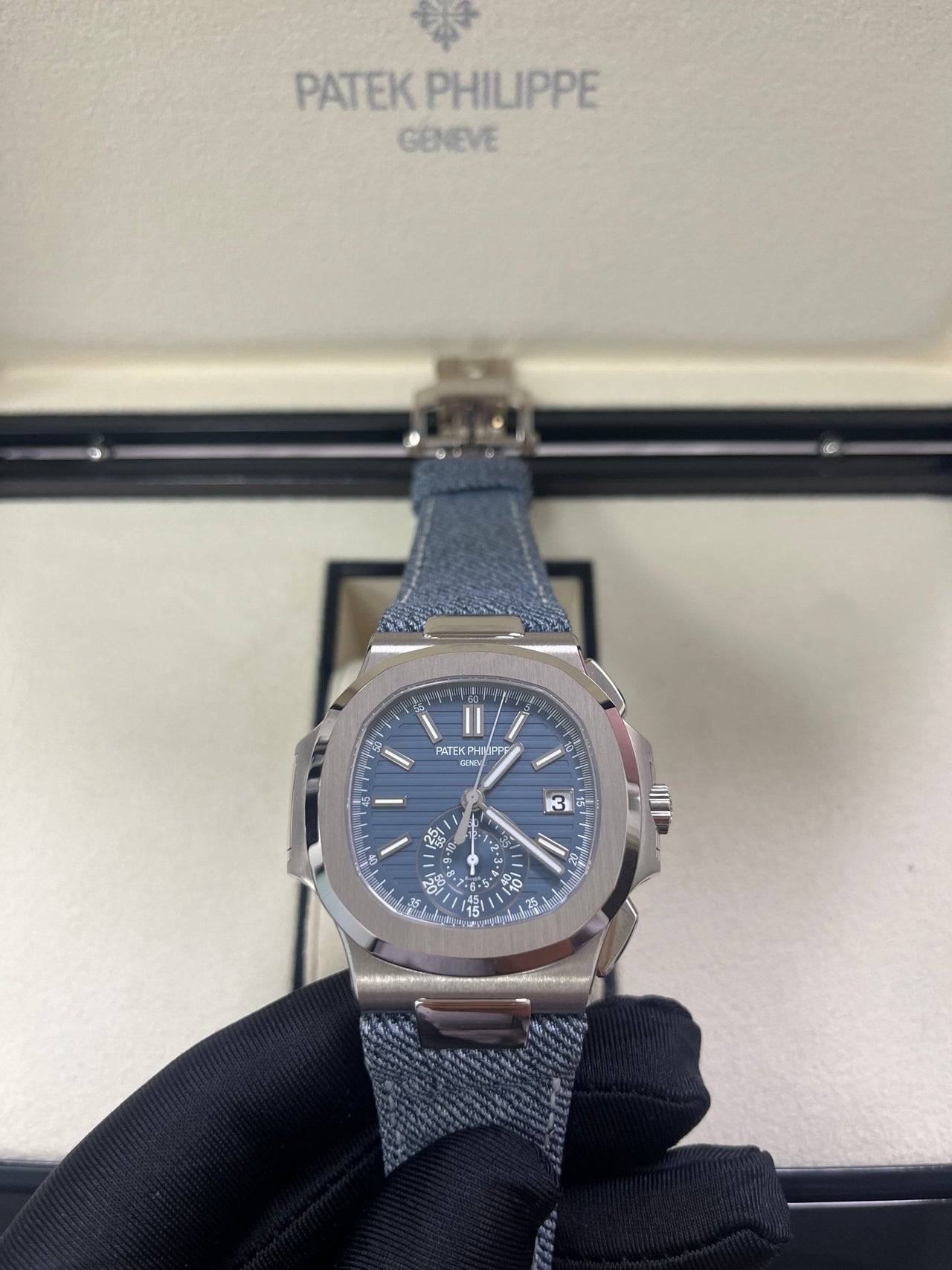 Patek Philippe Nautilus Flyback Chronograph White Gold Blue - Gray Dial 5980/60G - WatchesOff5th