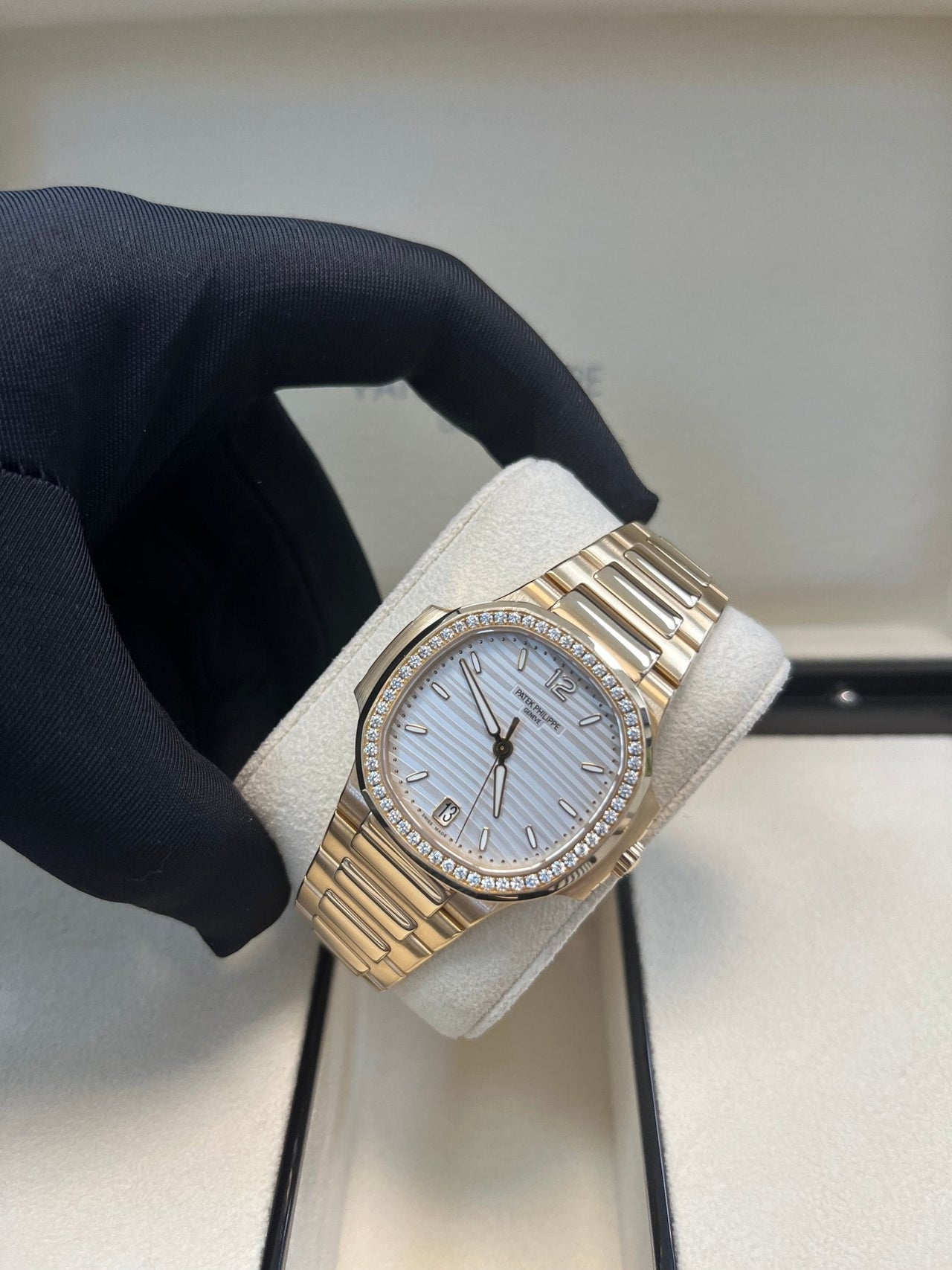 Patek Philippe Nautilus Ladies Rose Gold Nautilus White Dial Diamond Bezel 7118/1200R - 001 - WatchesOff5thWatch