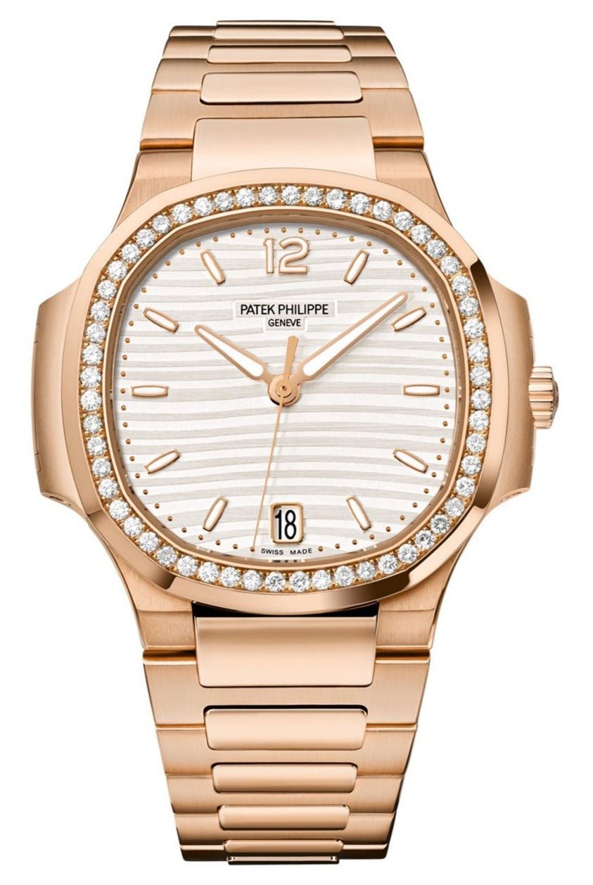 Patek Philippe Nautilus Ladies Rose Gold Nautilus White Dial Diamond Bezel 7118/1200R - 001 - WatchesOff5thWatch