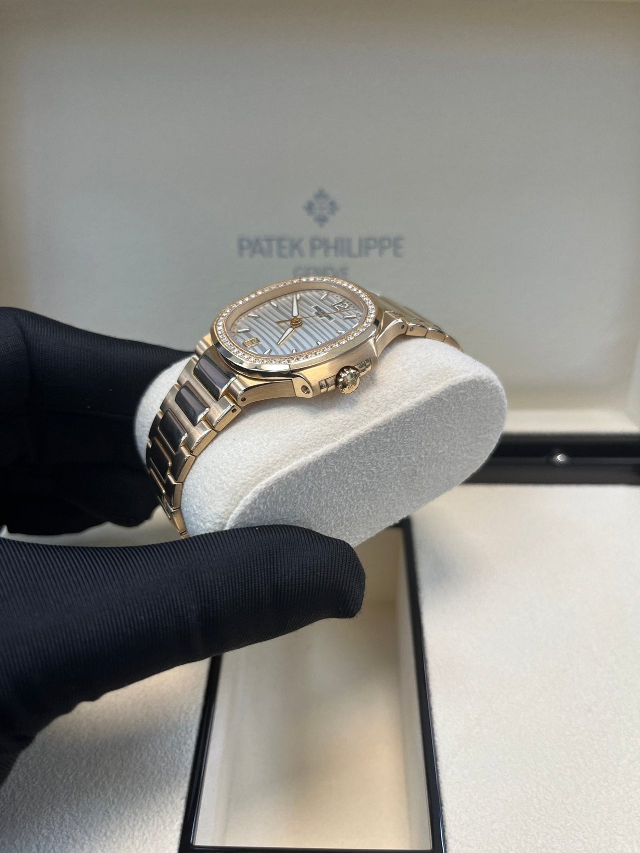 Patek Philippe Nautilus Ladies Rose Gold Nautilus White Dial Diamond Bezel 7118/1200R - 001 - WatchesOff5thWatch