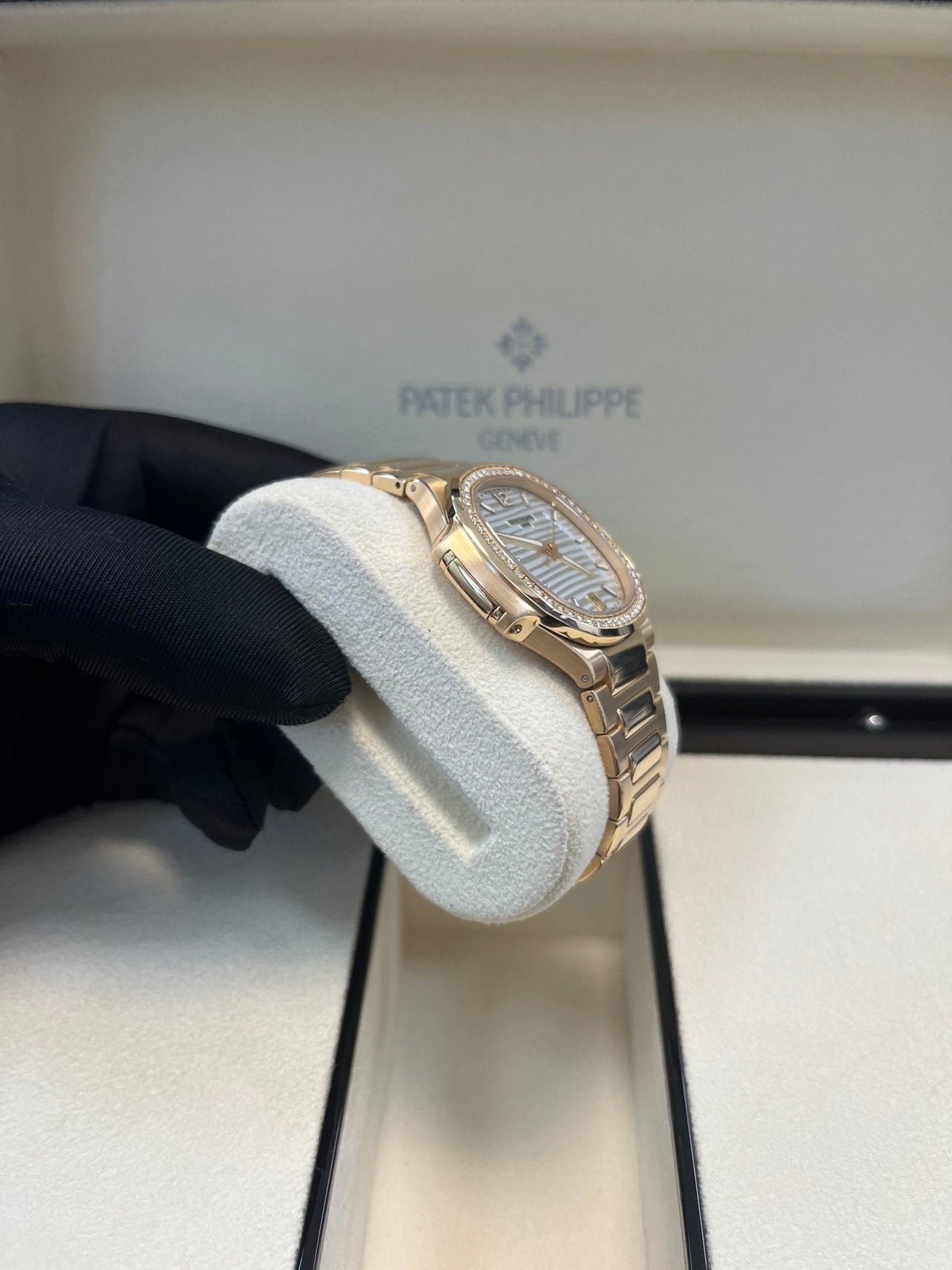 Patek Philippe Nautilus Ladies Rose Gold Nautilus White Dial Diamond Bezel 7118/1200R - 001 - WatchesOff5thWatch