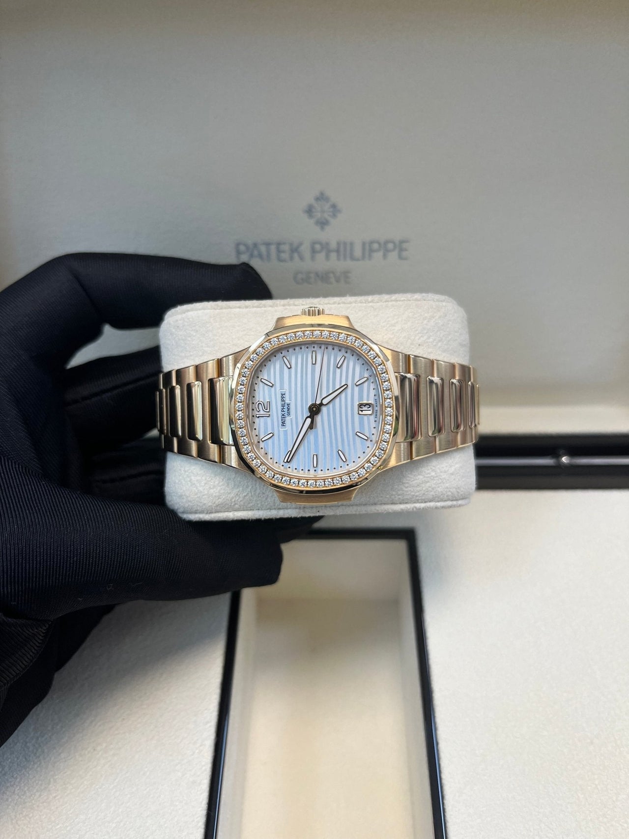 Patek Philippe Nautilus Ladies Rose Gold Nautilus White Dial Diamond Bezel 7118/1200R - 001 - WatchesOff5thWatch