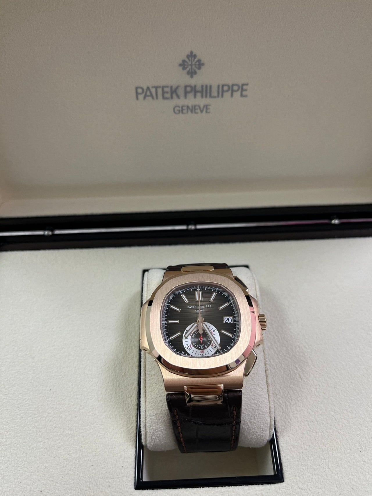 Patek Philippe Nautilus Rose Gold/ Brown Dial/ Leather Strap (Ref#5980R - 001) - WatchesOff5thWatch