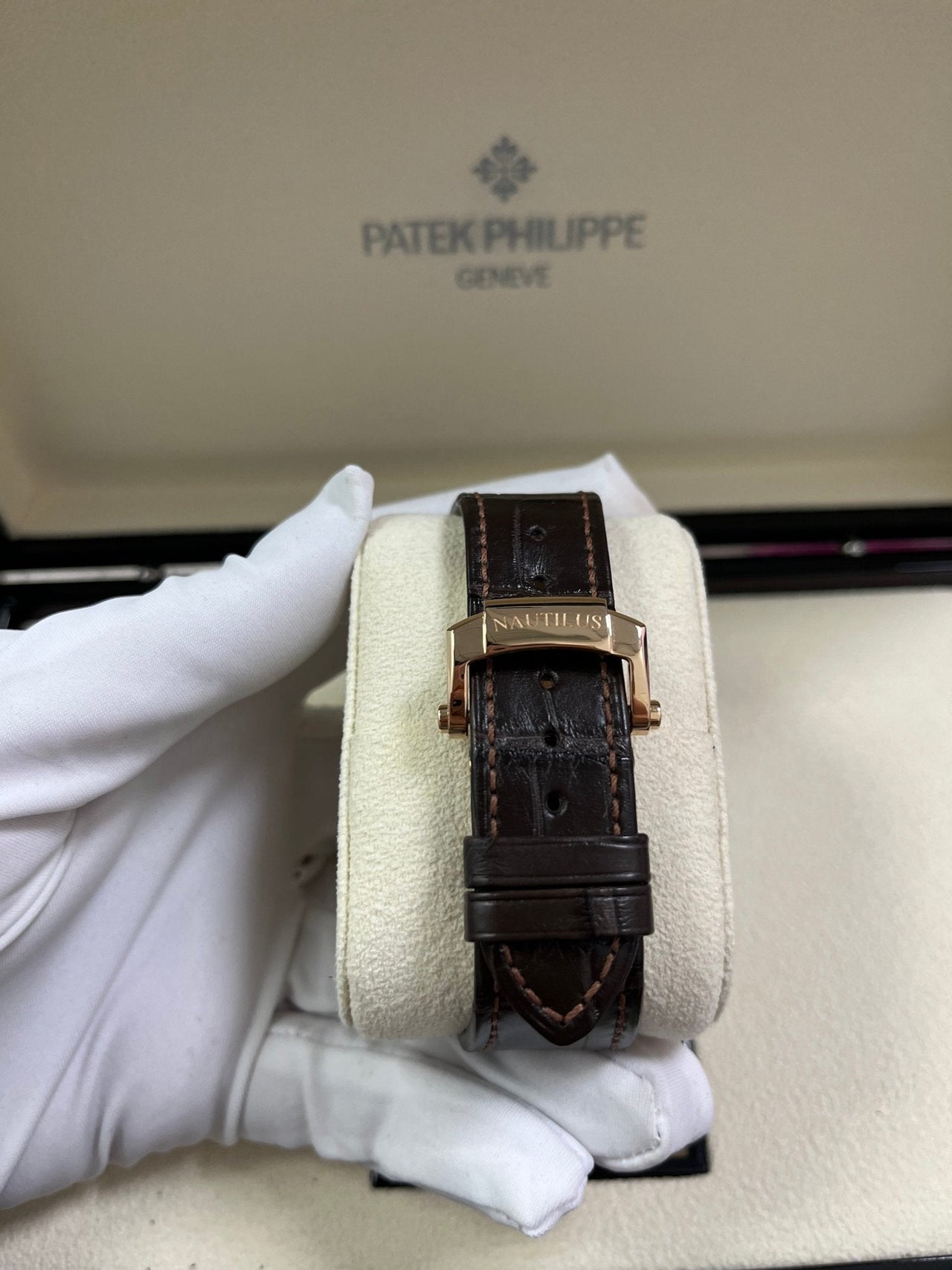 Patek Philippe Nautilus Rose Gold Brown Dial Leather Strap Ref 5980R 001