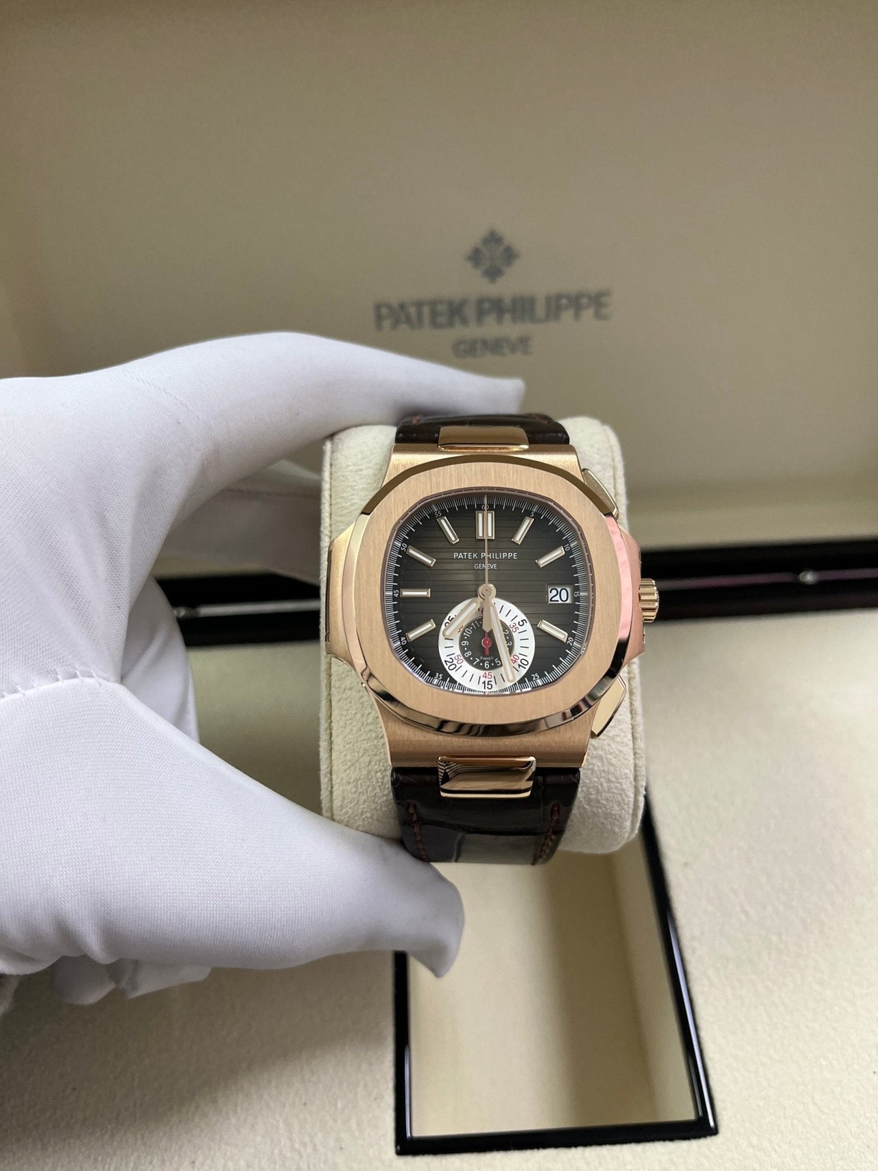 Patek Philippe Nautilus Rose Gold/ Brown Dial/ Leather Strap (Ref#5980R - 001) - WatchesOff5thWatch