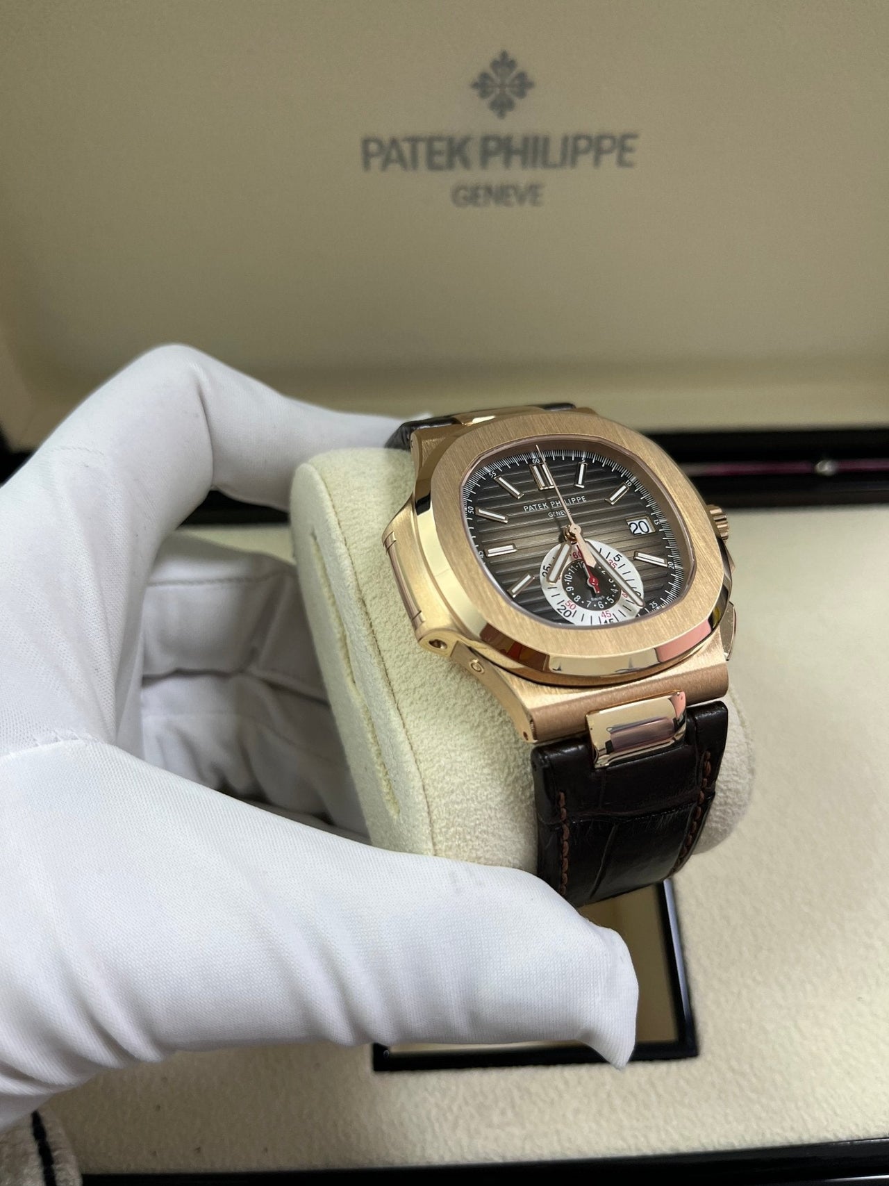 Patek Philippe Nautilus Rose Gold/ Brown Dial/ Leather Strap (Ref#5980R - 001) - WatchesOff5thWatch