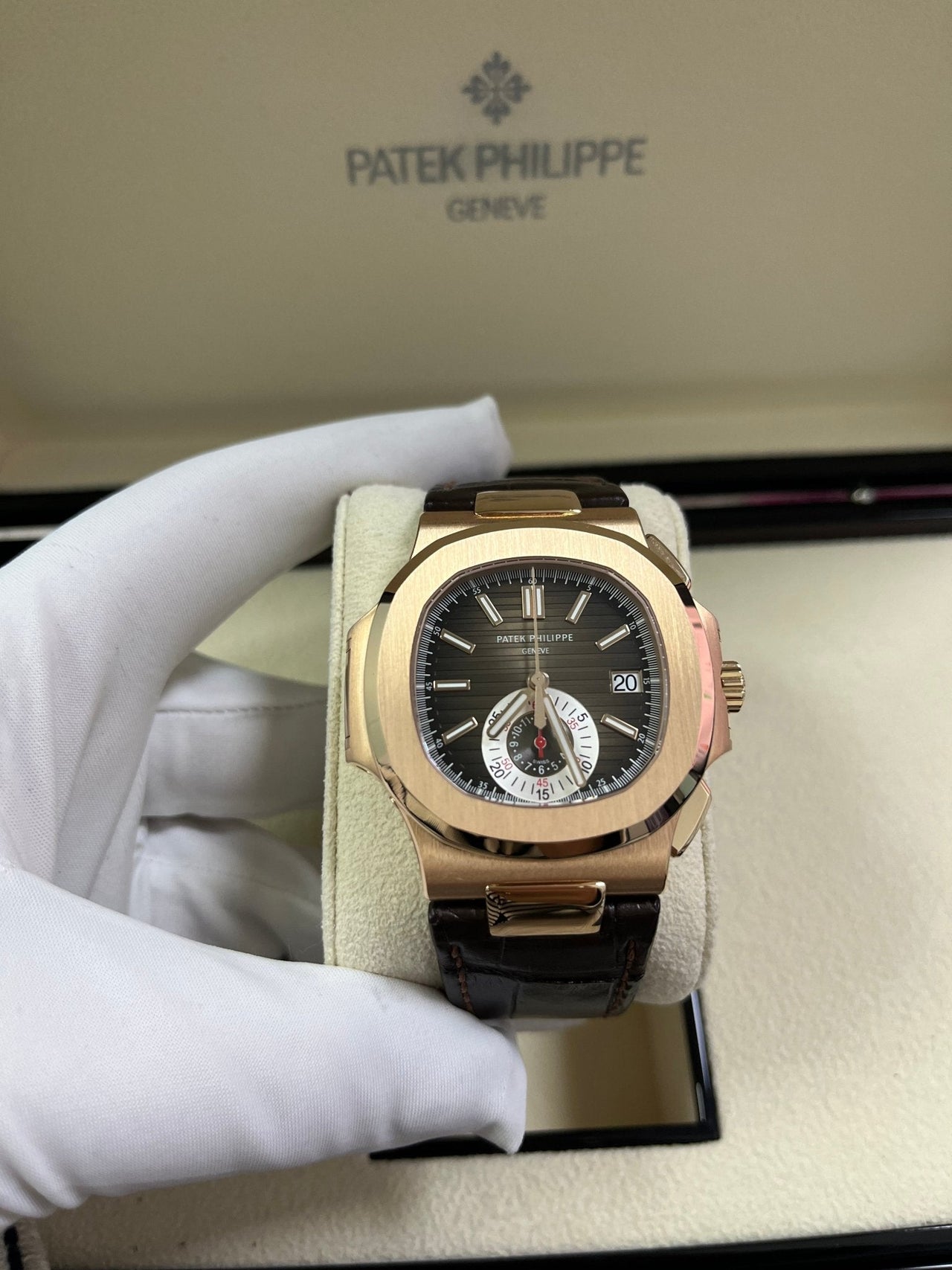 Patek Philippe Nautilus Rose Gold/ Brown Dial/ Leather Strap (Ref#5980R - 001) - WatchesOff5thWatch