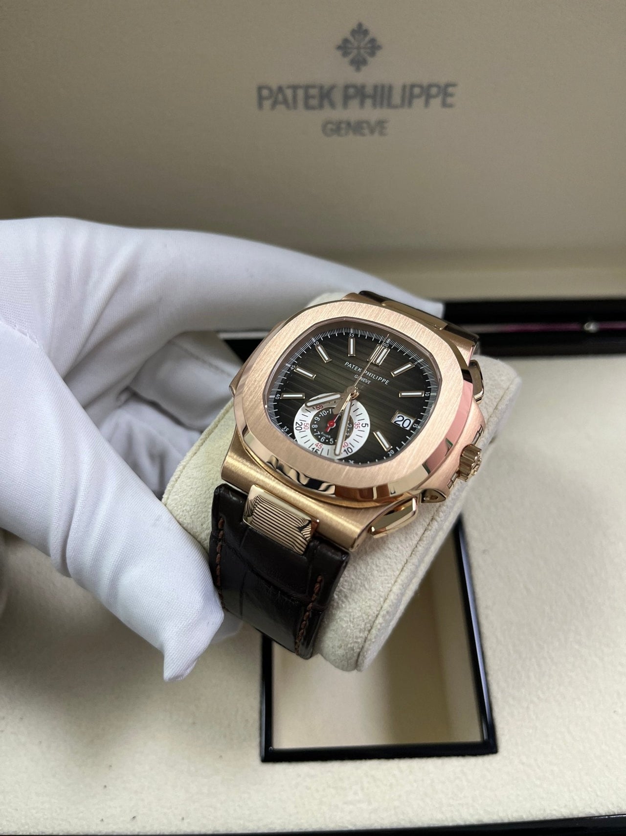 Patek Philippe Nautilus Rose Gold/ Brown Dial/ Leather Strap (Ref#5980R - 001) - WatchesOff5thWatch