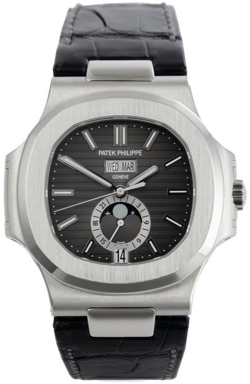 Patek Philippe Nautilus Stainless Steel Moon Phase Black Leather Strap (Ref#5726A - 001) - WatchesOff5thWatch