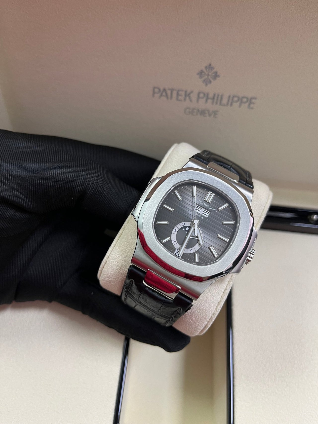 Patek Philippe Nautilus Stainless Steel Moon Phase Black Leather Strap (Ref#5726A - 001) - WatchesOff5thWatch