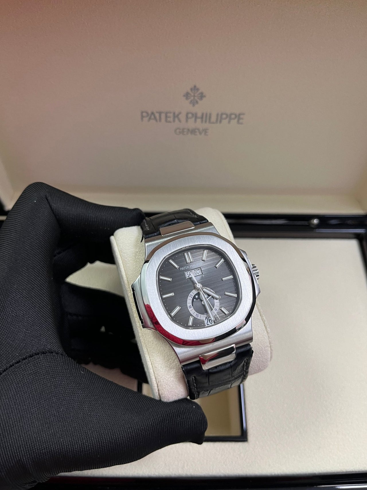 Patek Philippe Nautilus Stainless Steel Moon Phase Black Leather Strap (Ref#5726A - 001) - WatchesOff5thWatch