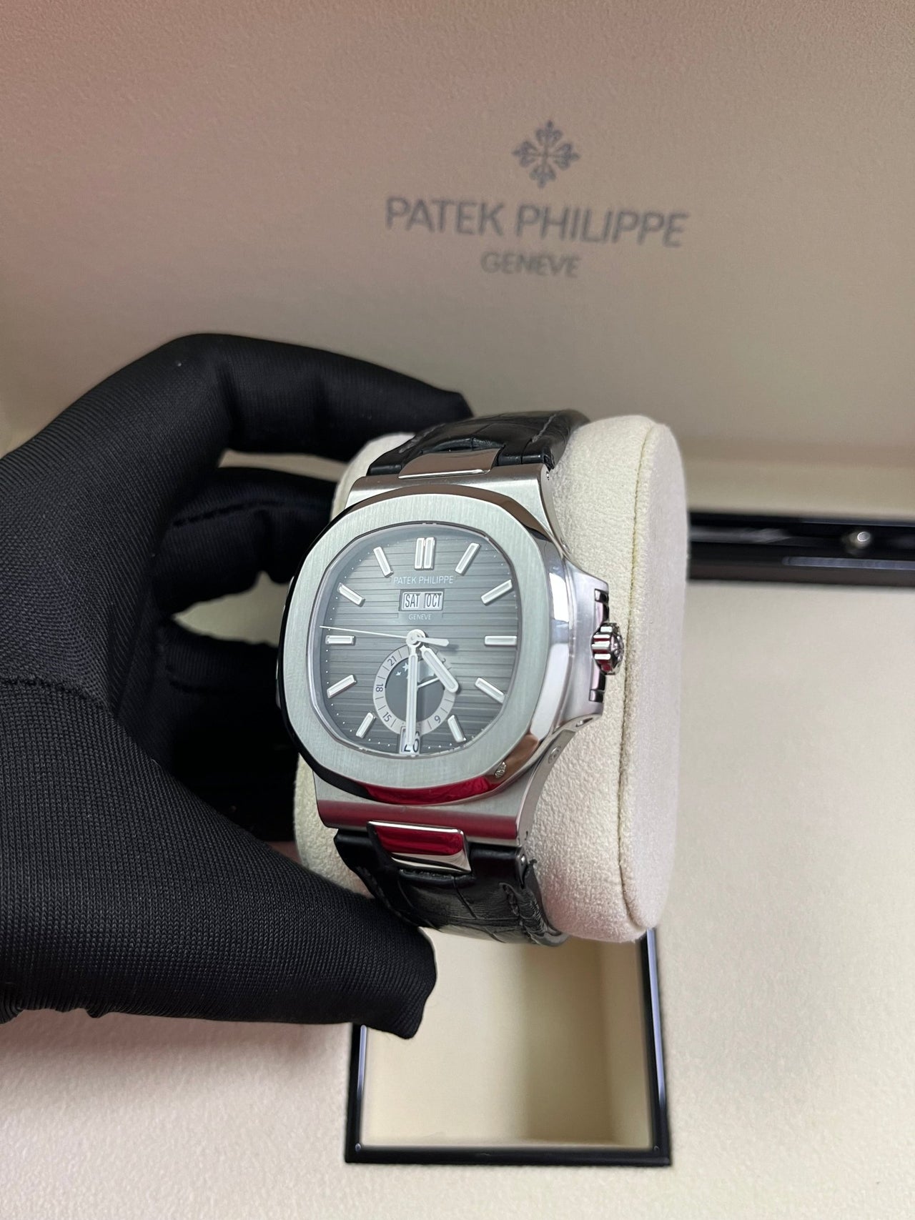 Patek Philippe Nautilus Stainless Steel Moon Phase Black Leather Strap (Ref#5726A - 001) - WatchesOff5thWatch