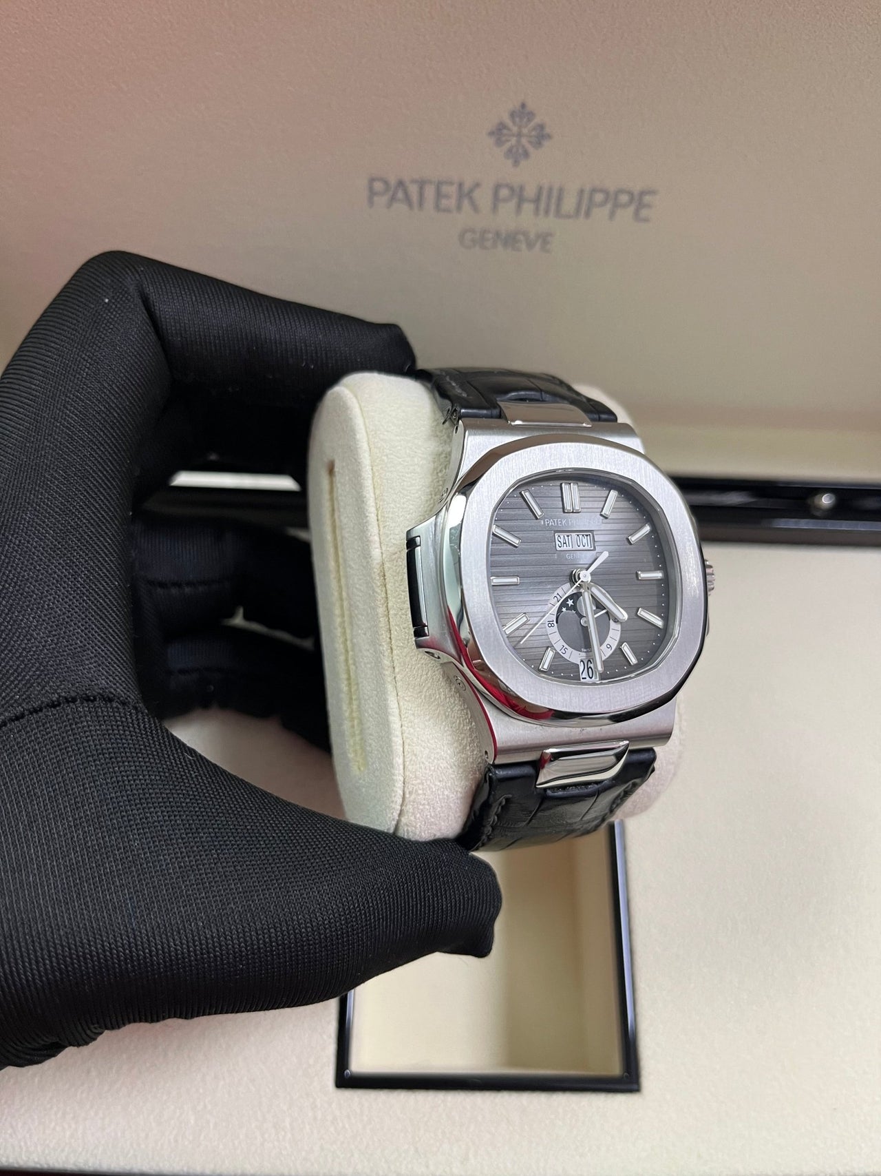 Patek Philippe Nautilus Stainless Steel Moon Phase Black Leather Strap (Ref#5726A - 001) - WatchesOff5thWatch