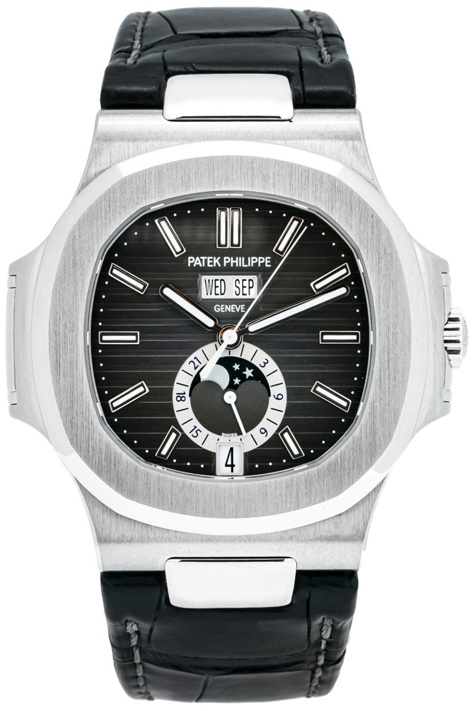 Patek Philippe Nautilus Stainless Steel Moon Phase Black Leather Strap (Ref#5726A - 001) - WatchesOff5thWatch