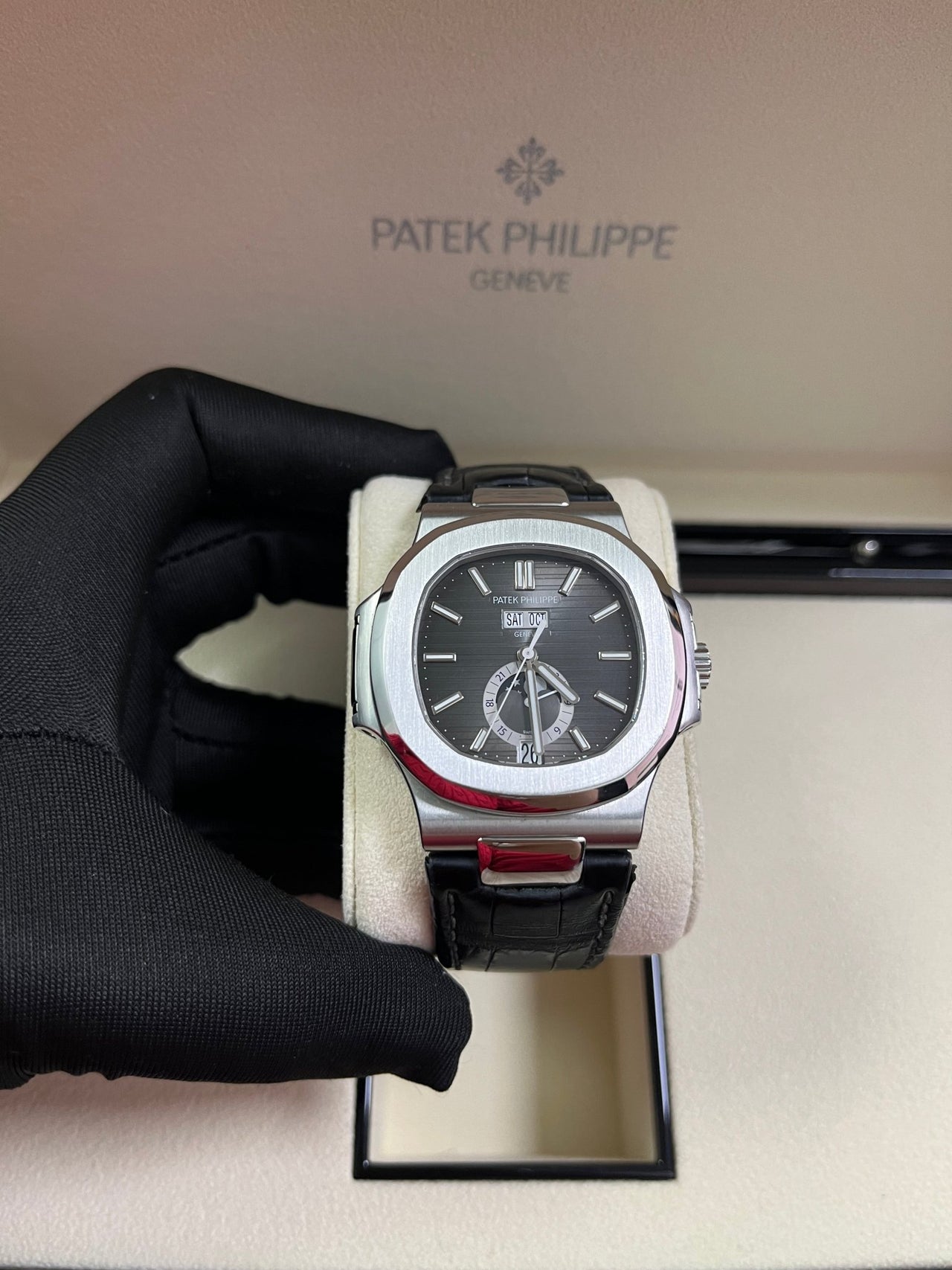 Patek Philippe Nautilus Stainless Steel Moon Phase Black Leather Strap (Ref#5726A - 001) - WatchesOff5thWatch