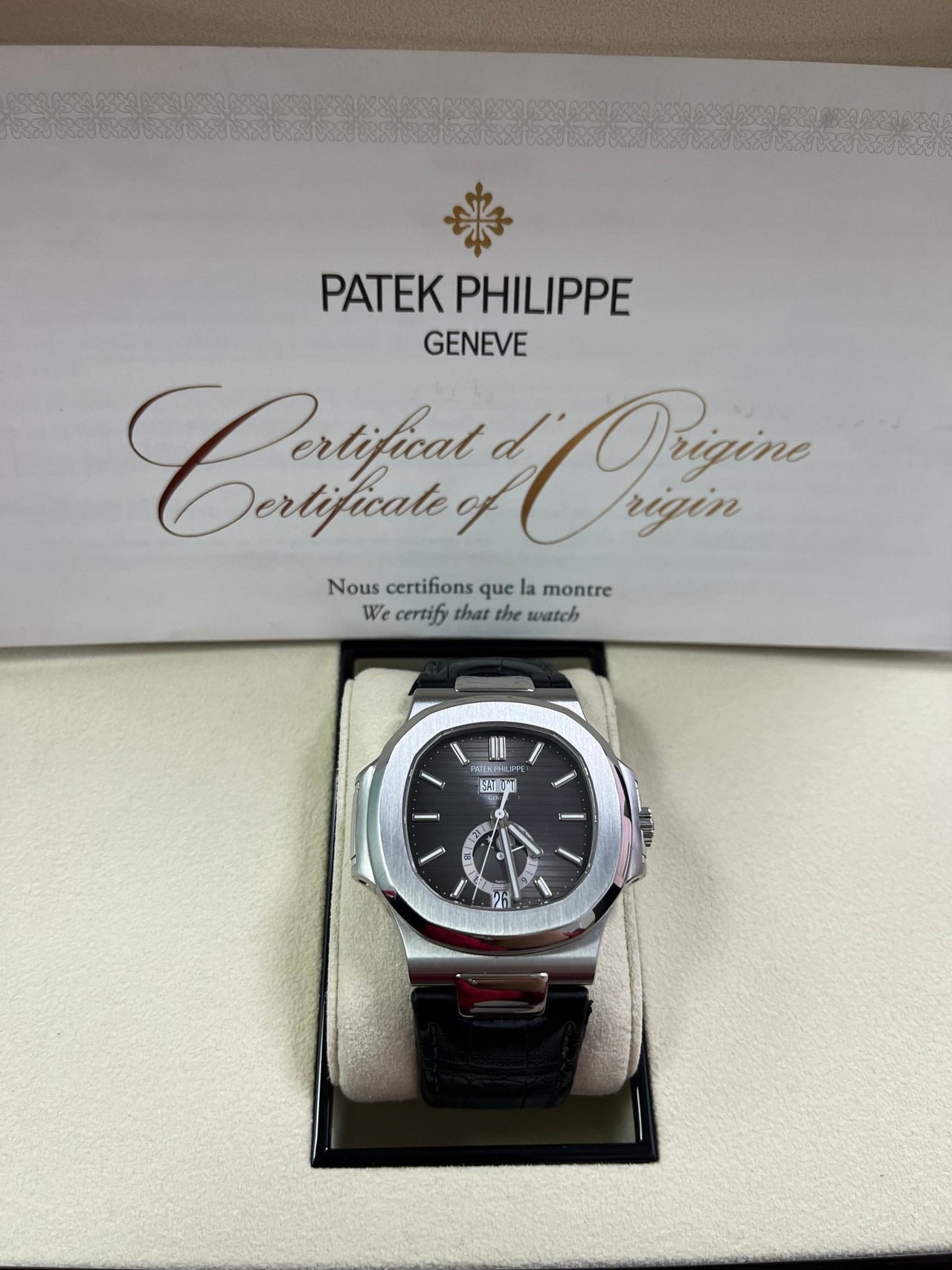 Patek Philippe Nautilus Stainless Steel Moon Phase Black Leather Strap (Ref#5726A - 001) - WatchesOff5thWatch