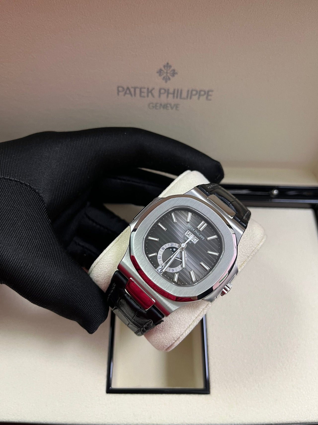 Patek Philippe Nautilus Stainless Steel Moon Phase Black Leather Strap (Ref#5726A - 001) - WatchesOff5thWatch