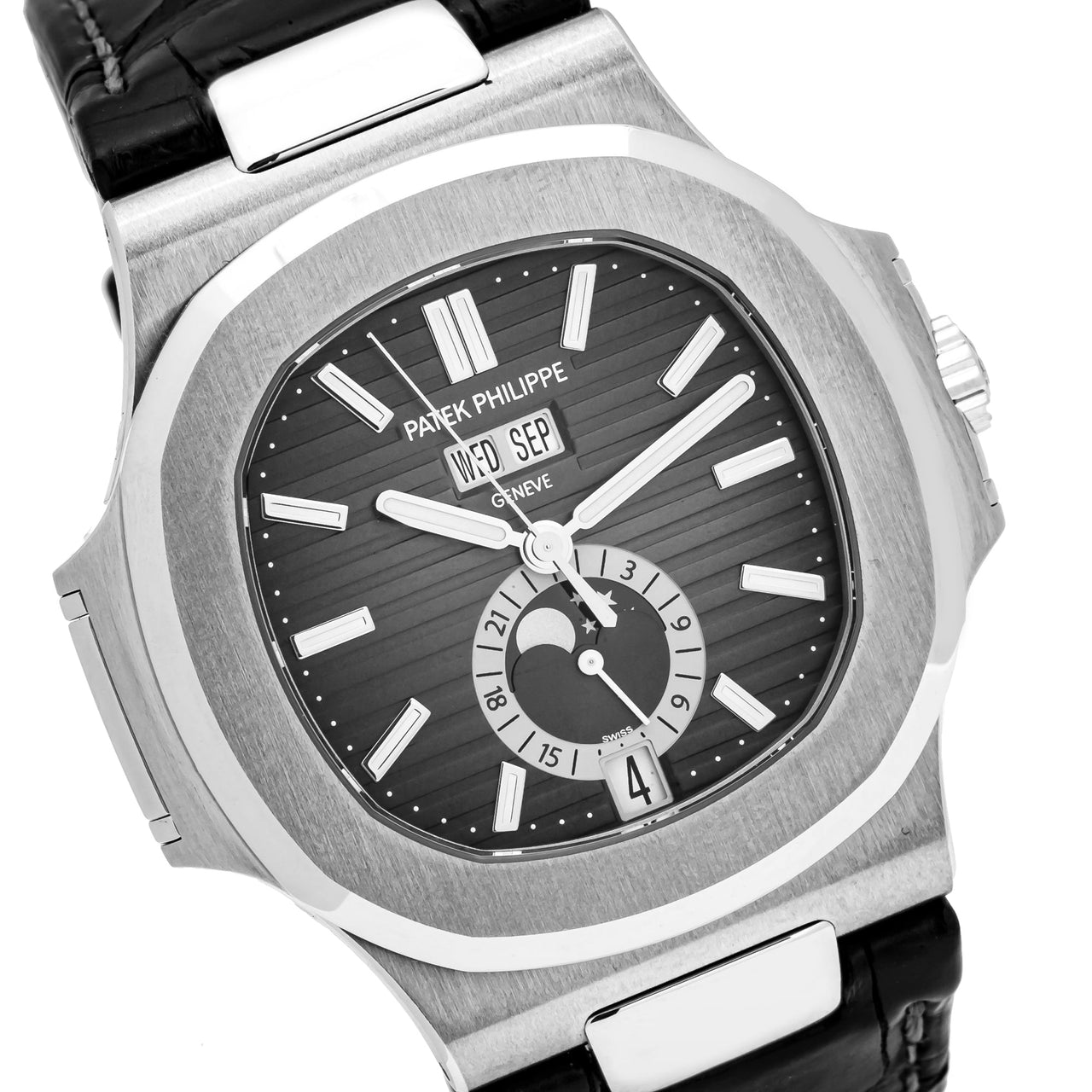 Patek Philippe Nautilus Stainless Steel Moon Phase Black Leather Strap (Ref#5726A - 001) - WatchesOff5thWatch