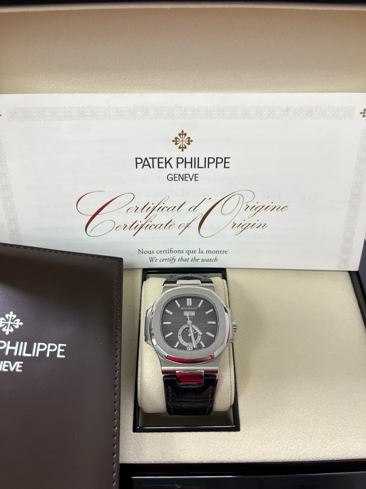 Patek Philippe Nautilus Stainless Steel Moon Phase Black Leather Strap (Ref#5726A - 001) - WatchesOff5thWatch