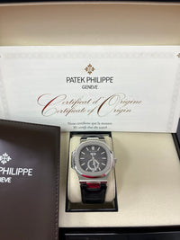 Thumbnail for Patek Philippe Nautilus Stainless Steel Moon Phase Black Leather Strap (Ref#5726A - 001) - WatchesOff5thWatch