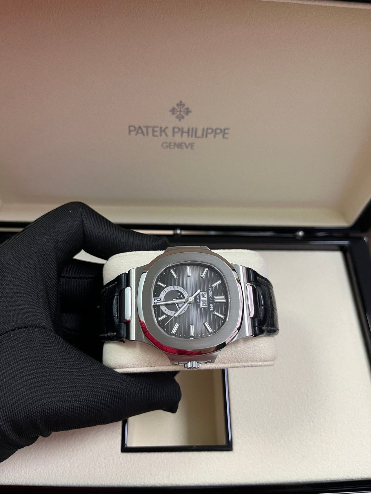 Patek Philippe Nautilus Stainless Steel Moon Phase Black Leather Strap (Ref#5726A - 001) - WatchesOff5thWatch