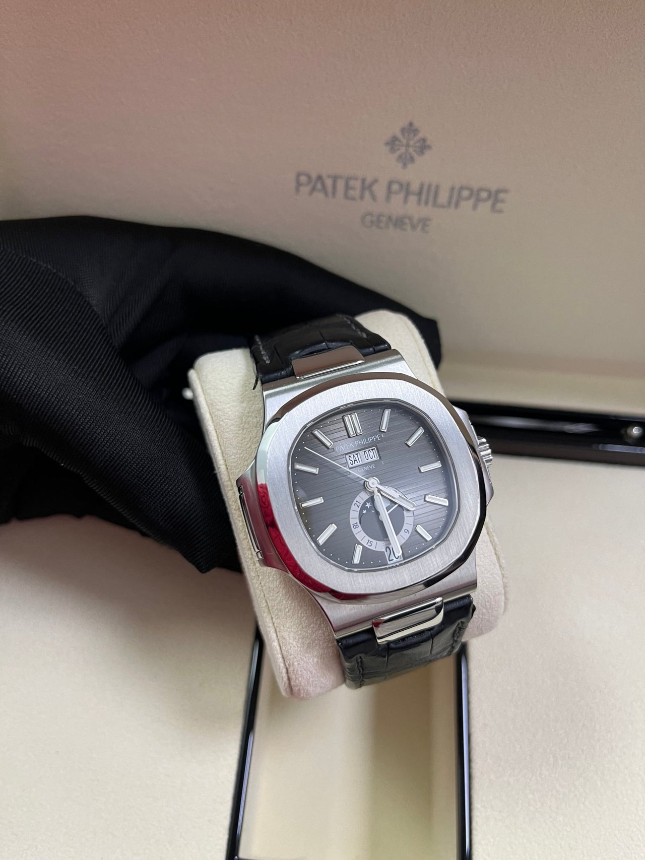 Patek Philippe Nautilus Stainless Steel Moon Phase Black Leather Strap (Ref#5726A - 001) - WatchesOff5thWatch