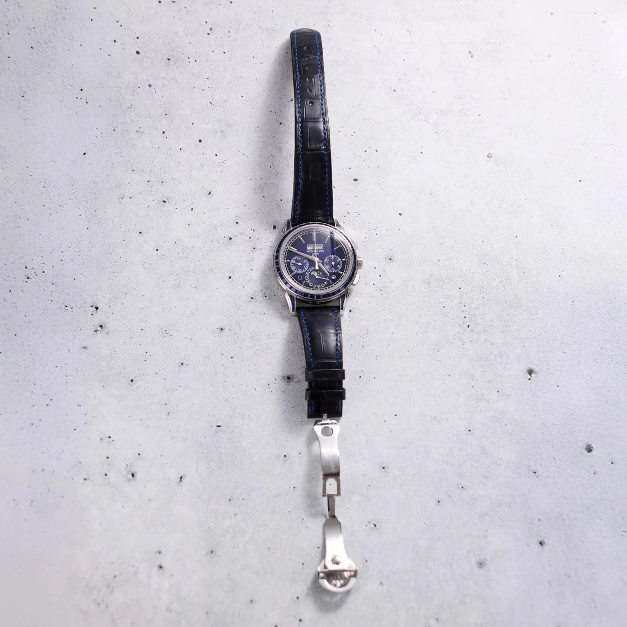 Patek Philippe Perpetual Calendar Chronograph Grand Complications Perpetual Calendar Chrono Platinum Baguette Blue Sapphires 5271/11P - WatchesOff5thWatch