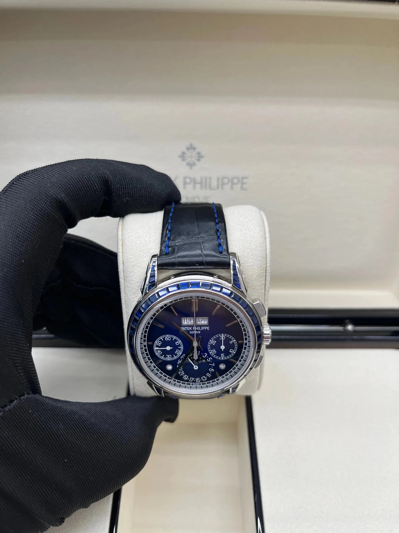 Patek Philippe Perpetual Calendar Chronograph Grand Complications Perpetual Calendar Chrono Platinum Baguette Blue Sapphires 5271/11P - WatchesOff5thWatch
