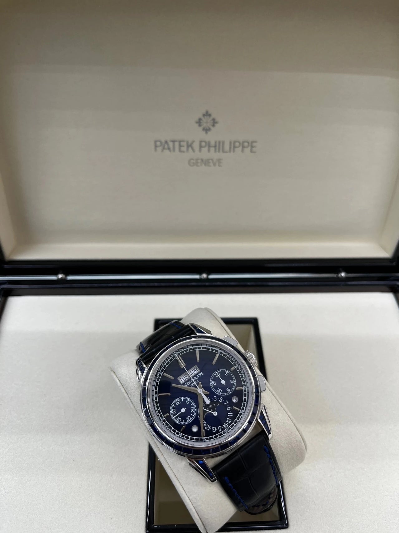 Patek Philippe Perpetual Calendar Chronograph Grand Complications Perpetual Calendar Chrono Platinum Baguette Blue Sapphires 5271/11P - WatchesOff5thWatch