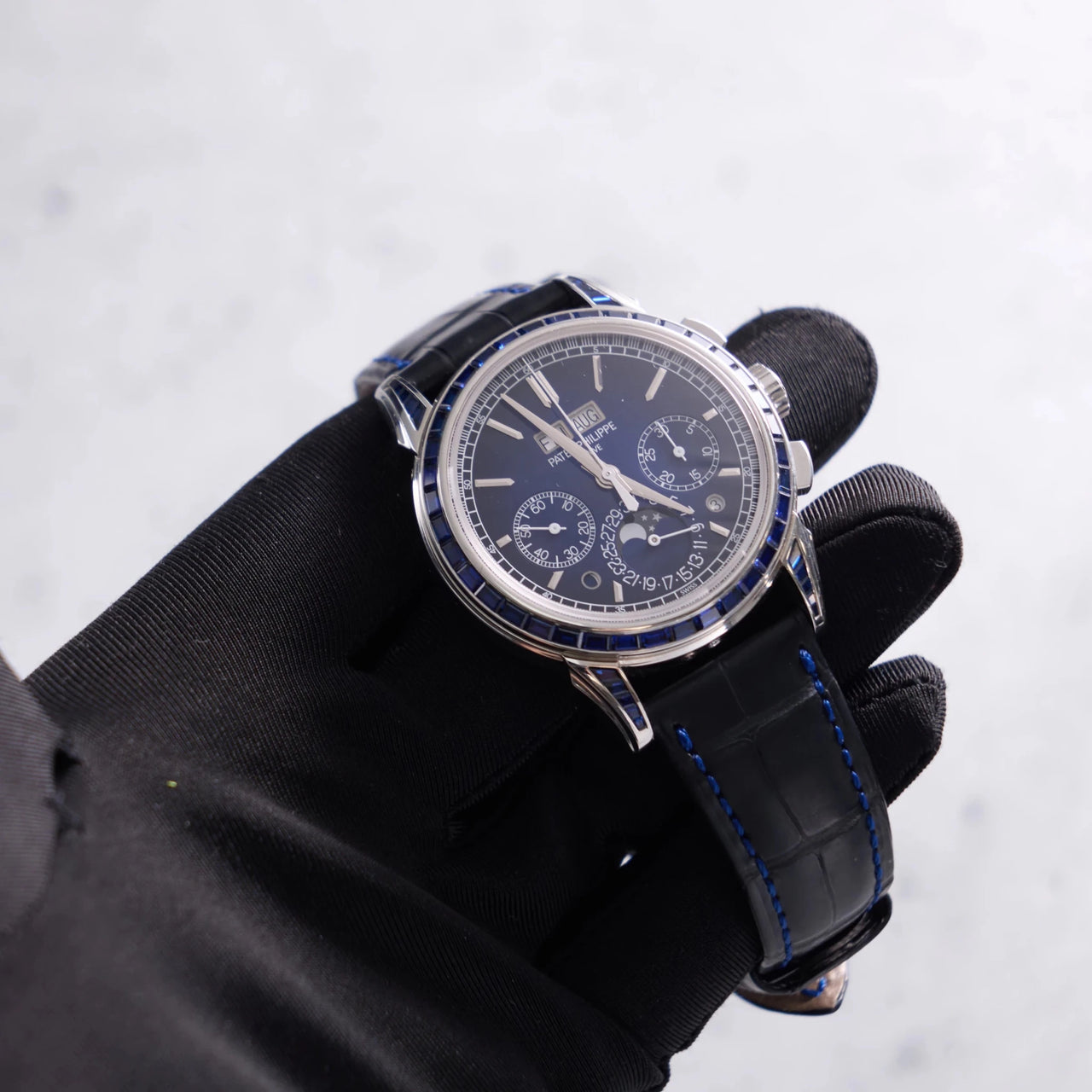 Patek Philippe Perpetual Calendar Chronograph Grand Complications Perpetual Calendar Chrono Platinum Baguette Blue Sapphires 5271/11P - WatchesOff5thWatch