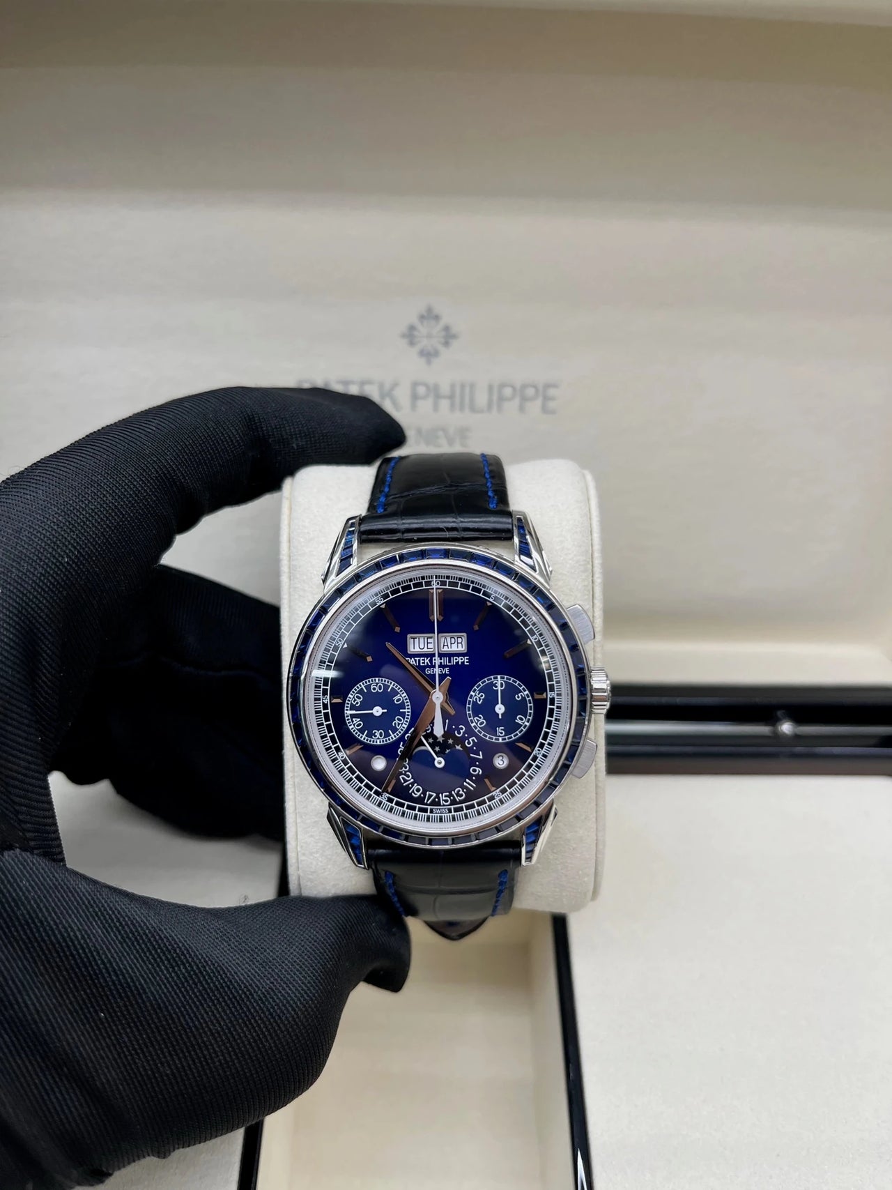 Patek Philippe Perpetual Calendar Chronograph Grand Complications Perpetual Calendar Chrono Platinum Baguette Blue Sapphires 5271/11P - WatchesOff5thWatch