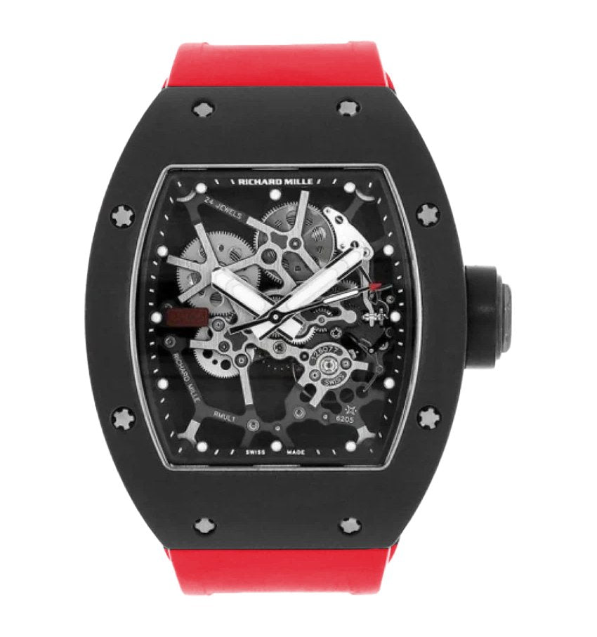 Richard Mille RM 035 'Baby Nadal' Aluminum Alloy - Black Aluminum Case, Openwork Dial, Silver-tone screws in the bezel, on a red rubber strap. WatchesOff5th