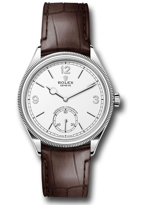 Rolex 1908 Domed And Fluted Bezel White Index Arabic Dial Alligator Leather Strap 52509 - WatchesOff5thWatch