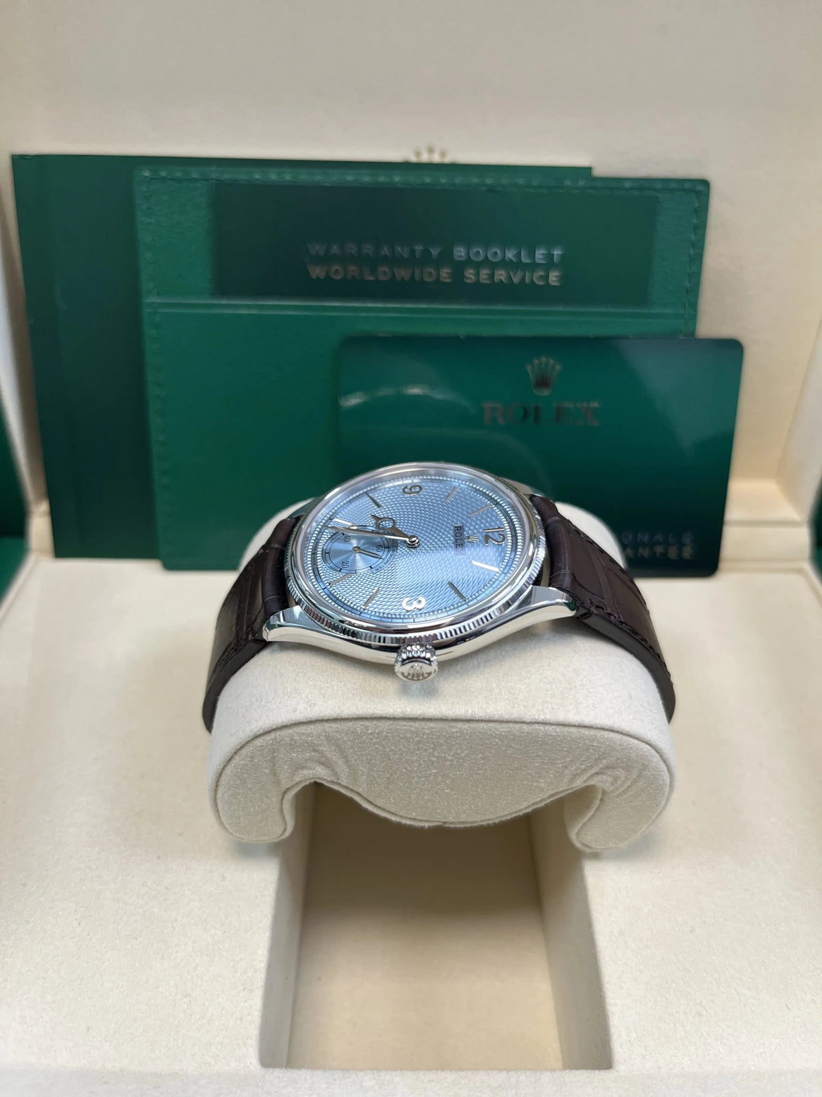 Rolex 1908 Ice Blue Motif Index Dial Leather Strap Reference 52506