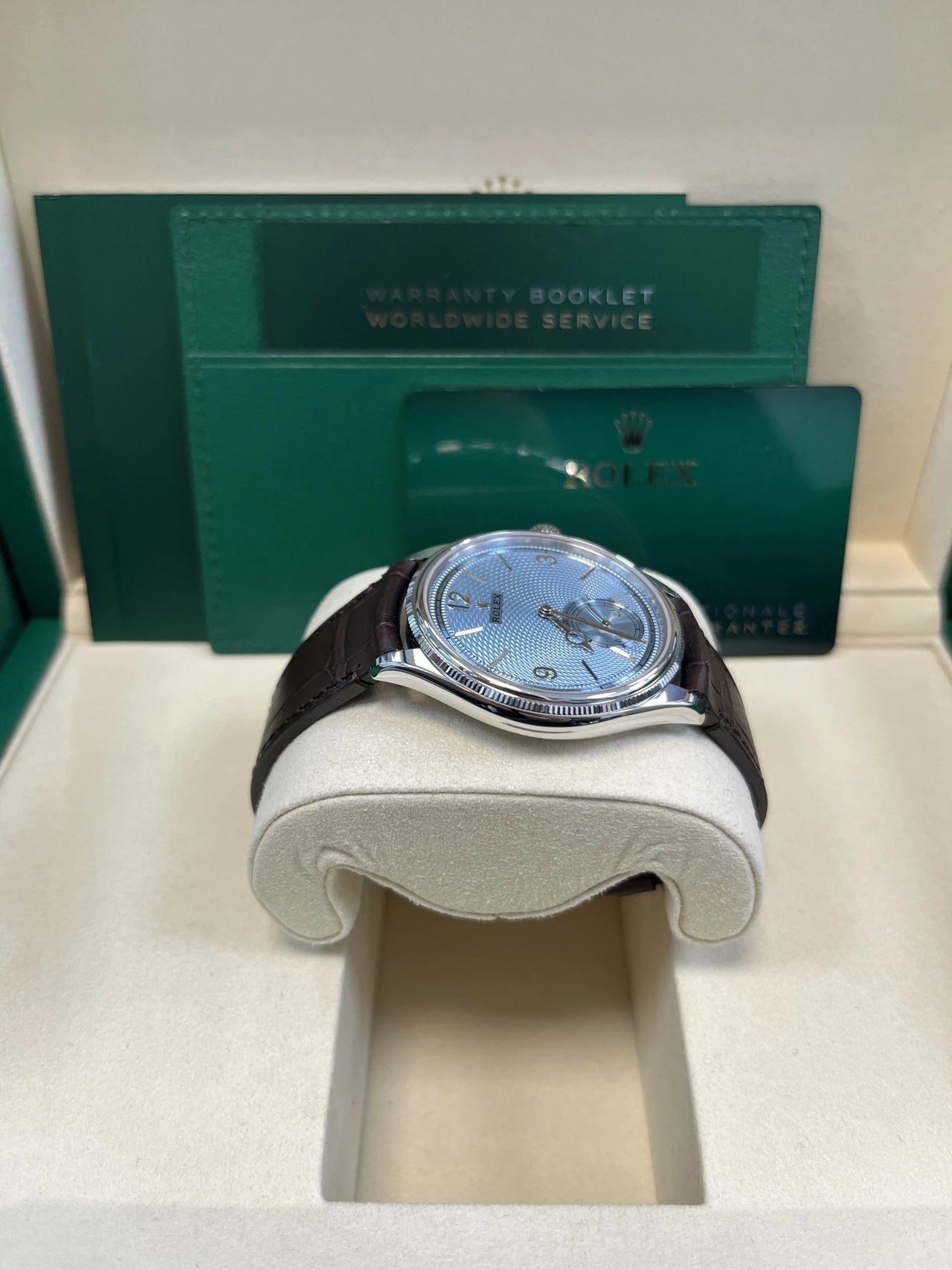 Rolex 1908 Ice Blue Motif Index Dial Leather Strap Reference 52506 Brown Alligator Strap - WatchesOff5thWatch