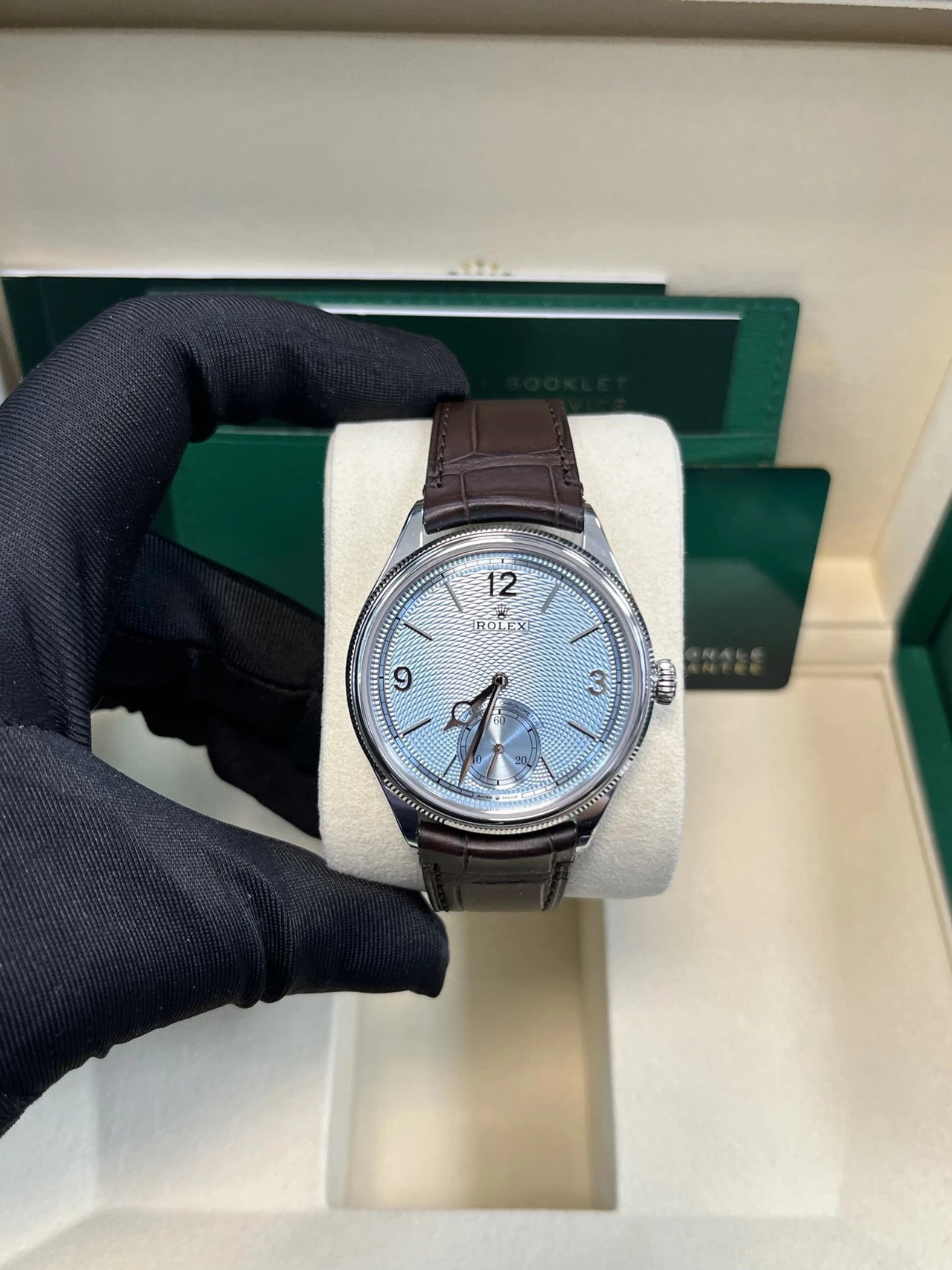 Rolex 1908 Ice Blue Motif Index Dial Leather Strap Reference 52506 Brown Alligator Strap - WatchesOff5thWatch