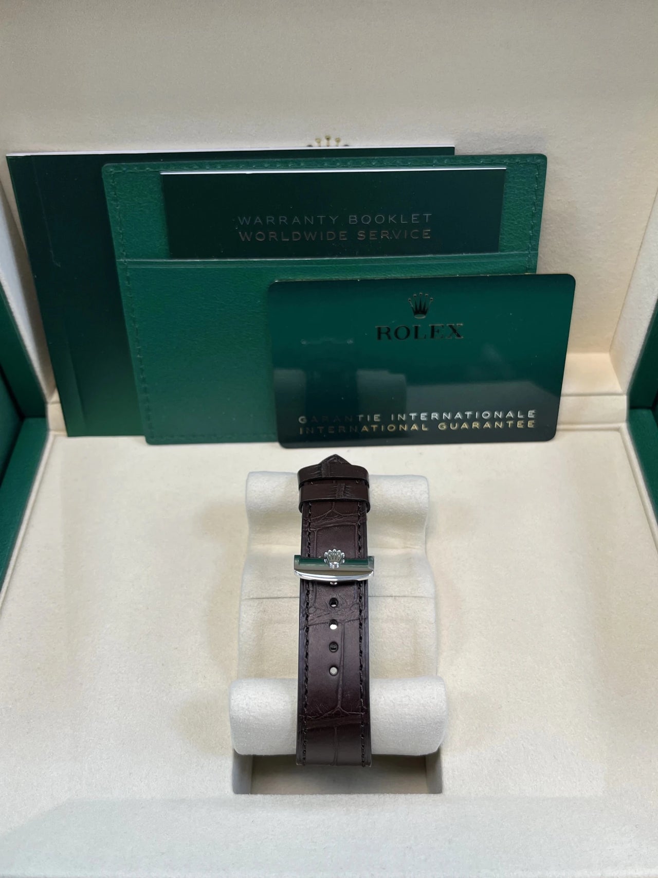 Rolex 1908 Ice Blue Motif Index Dial Leather Strap Reference 52506 Brown Alligator Strap - WatchesOff5thWatch