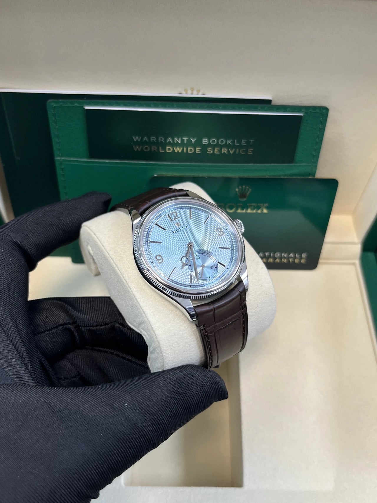 Rolex 1908 Ice Blue Motif Index Dial Leather Strap Reference 52506 Brown Alligator Strap - WatchesOff5thWatch