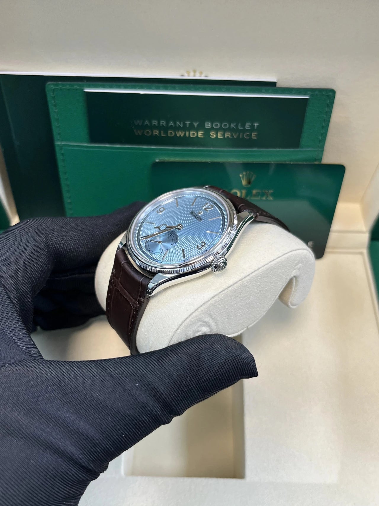 Rolex 1908 Ice Blue Motif Index Dial Leather Strap Reference 52506 Brown Alligator Strap - WatchesOff5thWatch