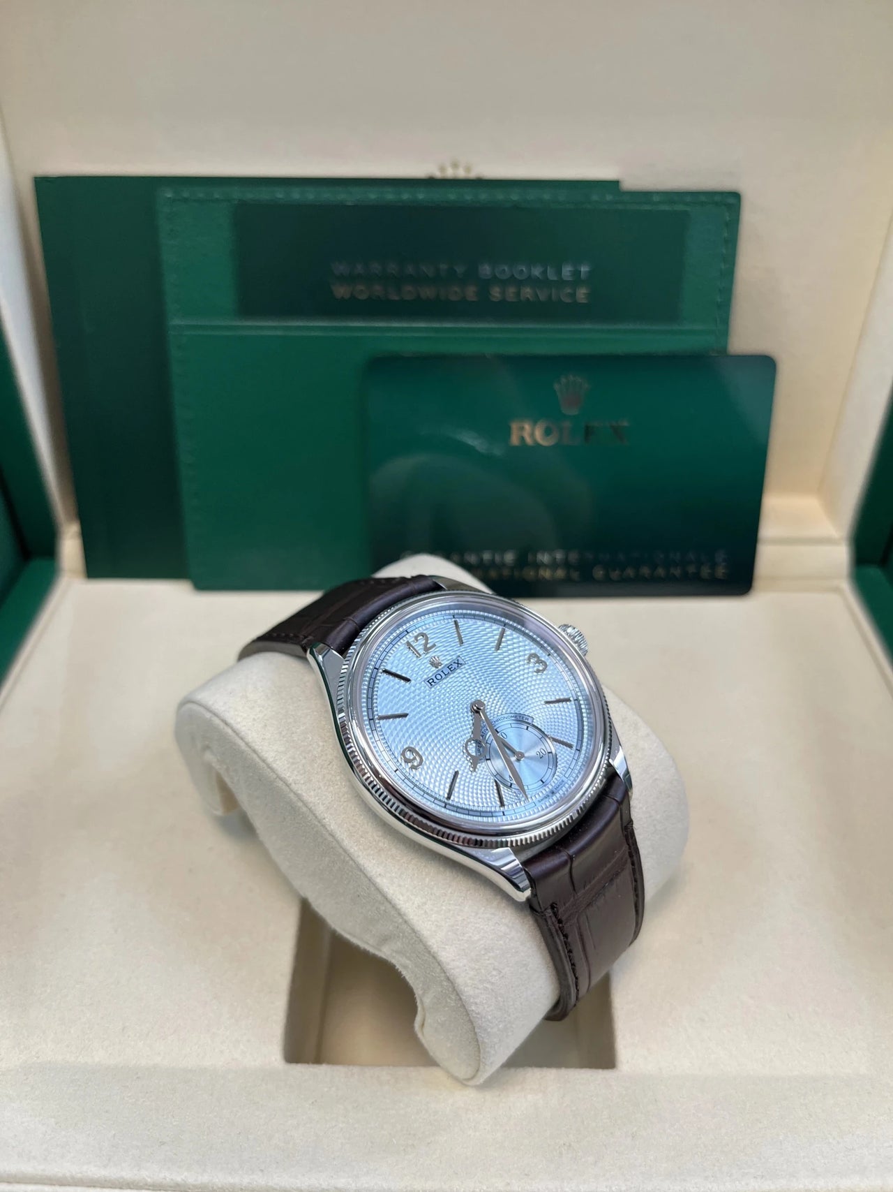 Rolex 1908 Ice Blue Motif Index Dial Leather Strap Reference 52506 Rolex 1908 Ice Blue Motif Index Dial Leather Strap Reference 52506