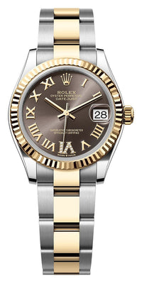 Thumbnail for Rolex Datejust 31mm Steel and Yellow Gold Dark Grey Roman Diamond Dial Fluted Bezel Oyster Bracelet (Ref# 278273-0017) - WatchesOff5thWatch