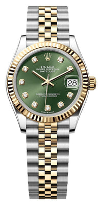 Thumbnail for Rolex Datejust 31mm Steel and Yellow Gold Olive Green Diamond Dial Fluted Bezel Jubilee Bracelet (Ref# 278273-0030) - WatchesOff5thWatch