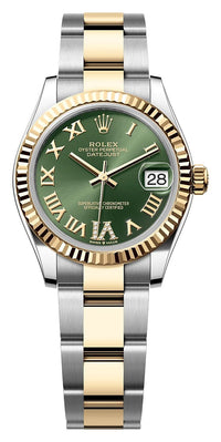 Thumbnail for Rolex Datejust 31mm Steel and Yellow Gold Olive Green Roman Diamond Dial Fluted Bezel Oyster Bracelet (Ref# 278273-0015) - WatchesOff5thWatch