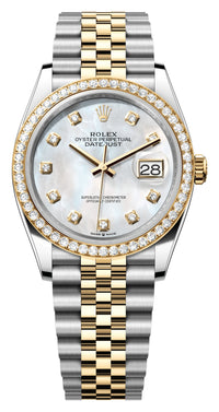 Thumbnail for Rolex Datejust 36mm Steel and Yellow Gold White Mother of Pearl Diamond Dial Diamond Bezel Jubilee Bracelet Ref 126283RBR-0009