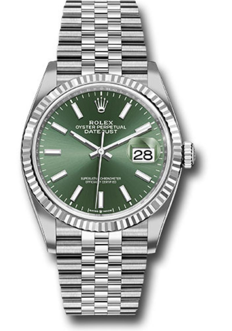 Rolex Datejust 36 Fluted Bezel Mint Green Index Dial Jubilee Bracelet 126234 - WatchesOff5thWatch