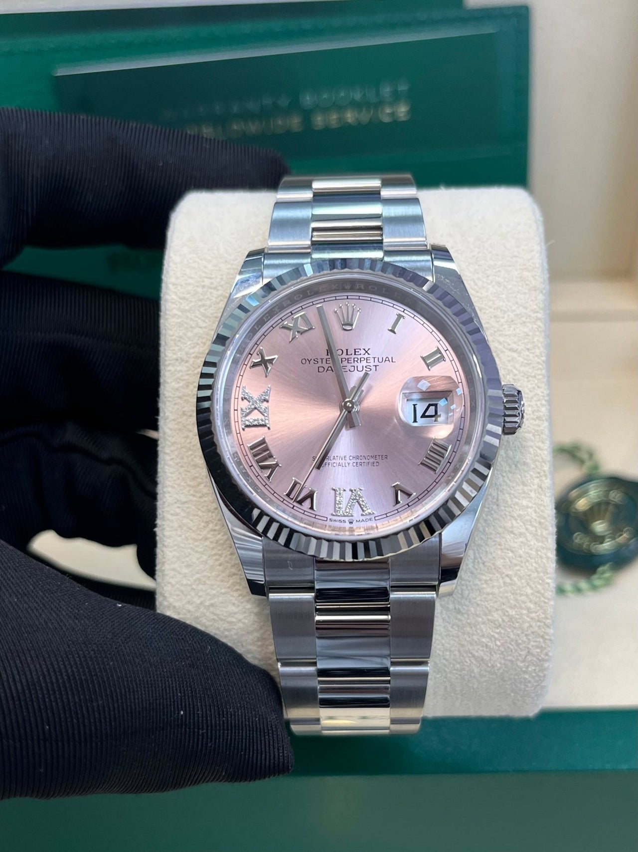 Rolex Datejust 36 Fluted Bezel - Pink Diamond Roman VI and IX Dial - Oyster 126234 - WatchesOff5th